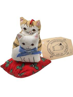 Midwest Importers Handcrafted Orange White Fabric Cat Ornament Red Holly Pillow